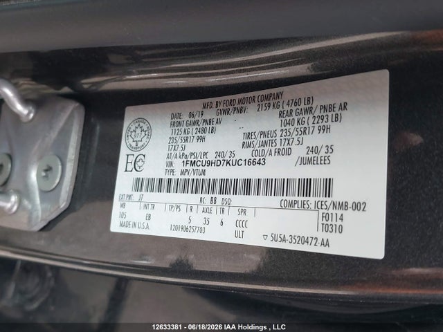 Ford ESCAPE SEL 2019 1FMCU9HD7KUC16643 Image 9