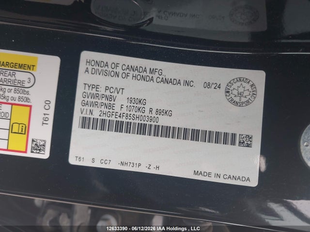 12633390 :رقم المزاد ، 2HGFE4F85SH003900 vin ، 2025 Honda Civic Sport/sport Touring مزاد بيع