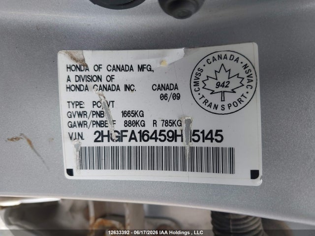 2009 Honda Civic Dx-g მანქანა იყიდება აუქციონზე, vin: 2HGFA16459H115145, აუქციონის ნომერი: 12633392