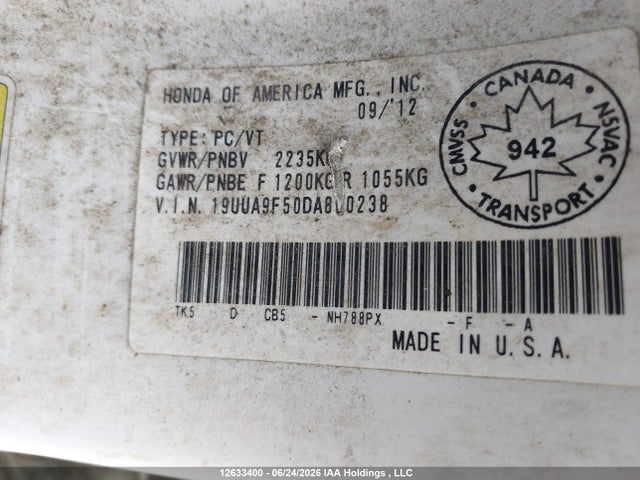 Продаж на аукціоні авто 2013 Acura Tl, vin: 19UUA9F50DA800238, номер лоту: 12633400