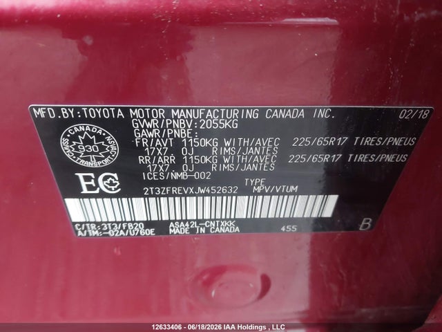 12633406 :رقم المزاد ، 2T3ZFREVXJW452632 vin ، 2018 Toyota Rav4 Le مزاد بيع