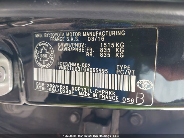 2016 Toyota Yaris მანქანა იყიდება აუქციონზე, vin: VNKKTUD31GA065995, აუქციონის ნომერი: 12633420