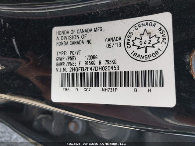 12633421 :رقم المزاد ، 2HGFB2F47DH020453 vin ، 2013 Honda Civic Lx مزاد بيع