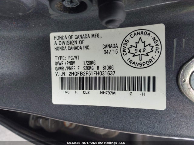 Honda Civic 2015 2HGFB2F51FH031637 Image 9