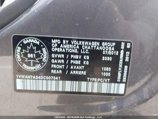 12633439 :رقم المزاد ، 1VWAH7A34DC007341 vin ، 2013 Volkswagen Passat S مزاد بيع