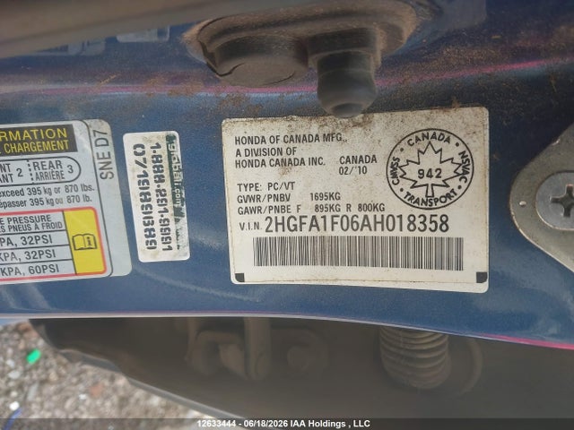 2010 Honda Civic Ex-l მანქანა იყიდება აუქციონზე, vin: 2HGFA1F06AH018358, აუქციონის ნომერი: 12633444