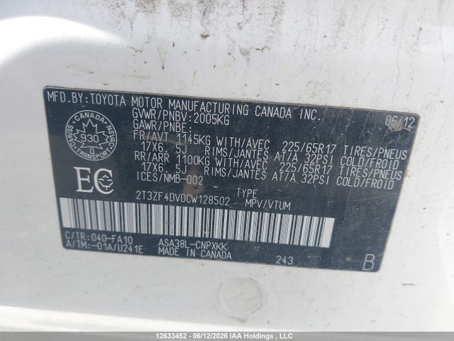 2012 Toyota Rav4 მანქანა იყიდება აუქციონზე, vin: 2T3ZF4DV0CW128502, აუქციონის ნომერი: 12633452