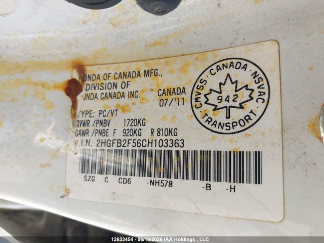 Aukcja sprzedaży 2012 Honda Civic Lx, vin: 2HGFB2F56CH103363, numer aukcji: 12633454