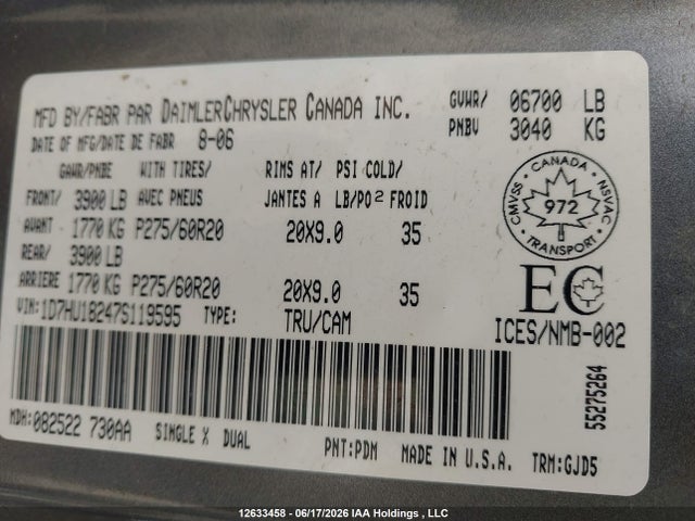 12633458 :رقم المزاد ، 1D7HU18247S119595 vin ، 2007 Dodge Ram 1500 St/slt مزاد بيع