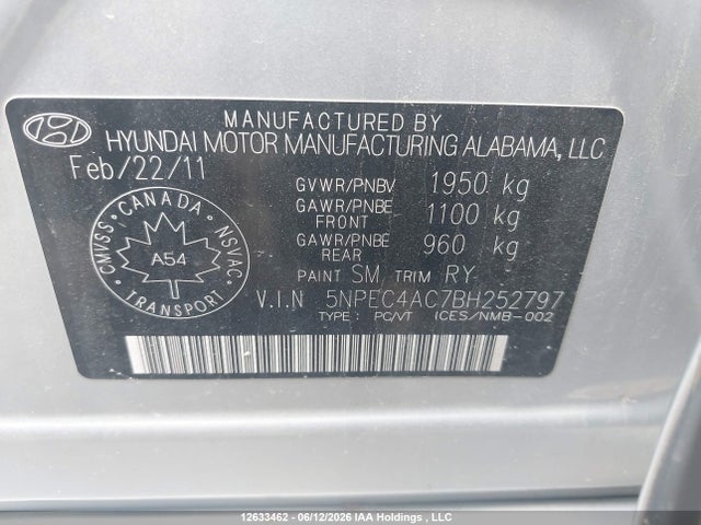 Aukcja sprzedaży 2011 Hyundai Sonata Se/limited, vin: 5NPEC4AC7BH252797, numer aukcji: 12633462