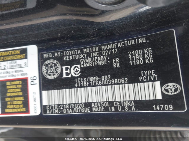 2017 Toyota Camry მანქანა იყიდება აუქციონზე, vin: 4T1BF1FK6HU398062, აუქციონის ნომერი: 12633477