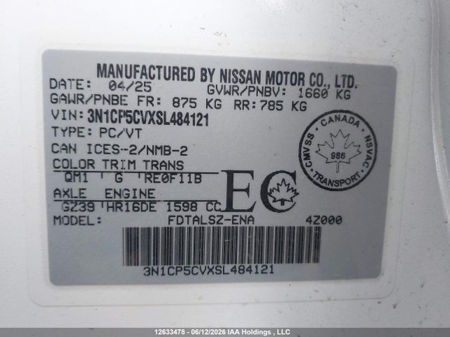 Продаж на аукціоні авто 2025 Nissan Kicks Play Sv, vin: 3N1CP5CVXSL484121, номер лоту: 12633478