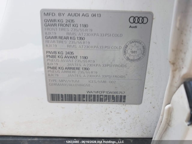 12633480 :رقم المزاد ، WA1VFCFP1DA085757 vin ، 2013 Audi Q5 2.0t Premium Plus مزاد بيع