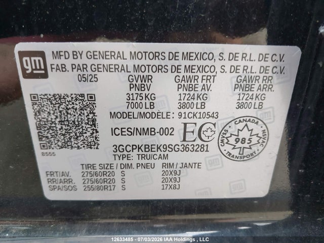 3GCPKBEK9SG363281 Chevrolet Silverado 1500 4wd Custom