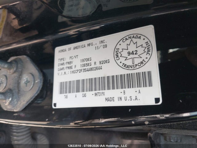 12633510 :رقم المزاد ، 1HGCP2F35AA802644 vin ، 2010 Honda Accord Lx مزاد بيع