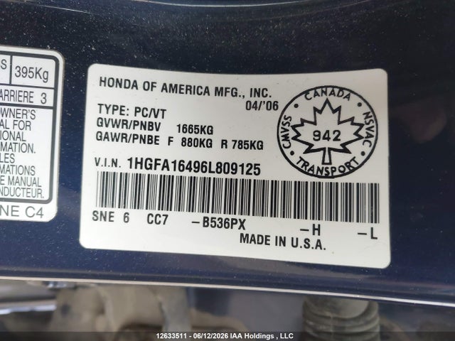 12633511 :رقم المزاد ، 1HGFA16496L809125 vin ، 2006 Honda Civic Lx مزاد بيع
