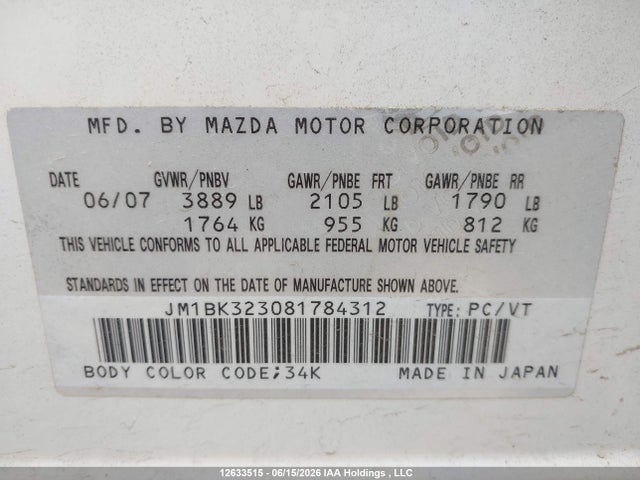 Продаж на аукціоні авто 2008 Mazda 3 S, vin: JM1BK323081784312, номер лоту: 12633515