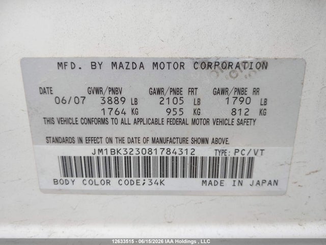 Продаж на аукціоні авто 2008 Mazda 3 S, vin: JM1BK323081784312, номер лоту: 12633515