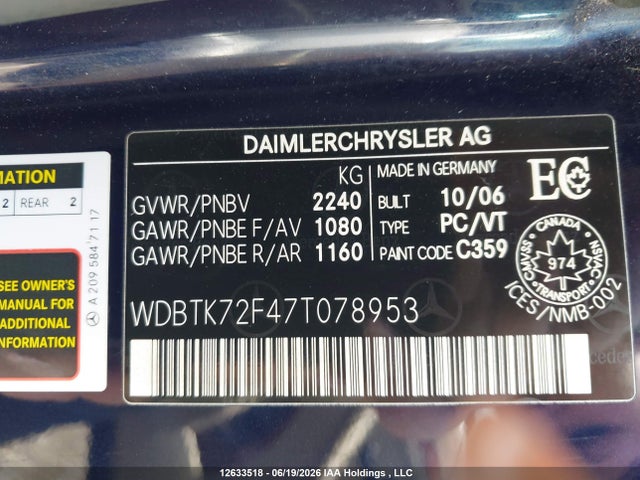 Aukcja sprzedaży 2007 Mercedes-benz Clk 550, vin: WDBTK72F47T078953, numer aukcji: 12633518
