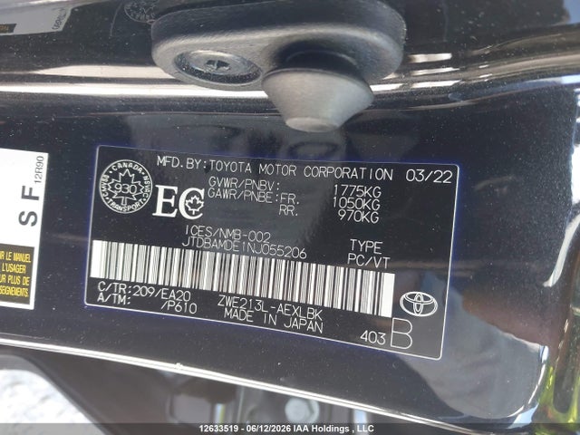12633519 :رقم المزاد ، JTDBAMDE1NJ055206 vin ، 2022 Toyota Corolla Hybrid Base W/li Battery مزاد بيع