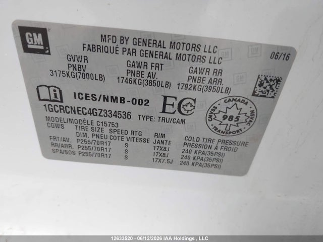 Продаж на аукціоні авто 2016 Chevrolet Silverado C1500/c1500 Ls, vin: 1GCRCNEC4GZ334536, номер лоту: 12633520