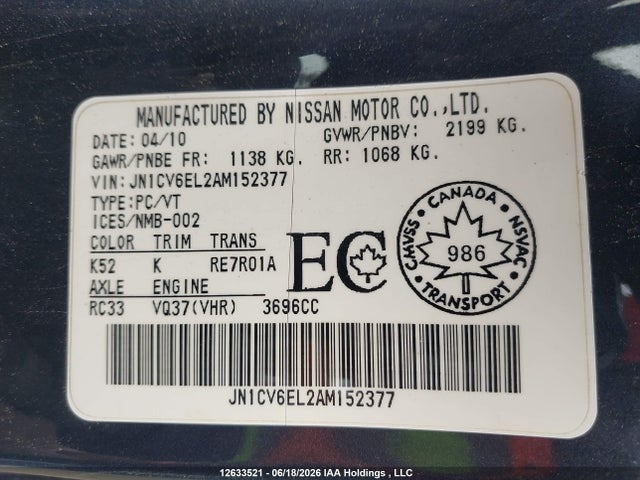 12633521 :رقم المزاد ، JN1CV6EL2AM152377 vin ، 2010 Infiniti G37 مزاد بيع