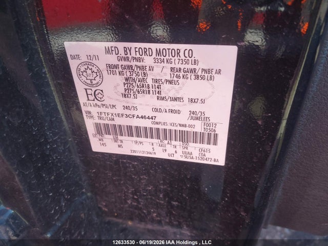 12633530 :رقم المزاد ، 1FTFX1EF3CFA46447 vin ، 2012 Ford F-150 Xlt مزاد بيع