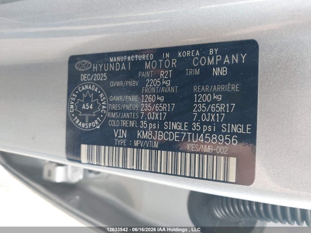 Aukcja sprzedaży 2026 Hyundai Tucson Sel, vin: KM8JBCDE7TU458956, numer aukcji: 12633542