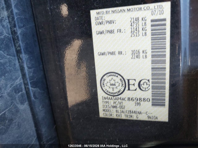 Продаж на аукціоні авто 2010 Nissan Maxima S/sv, vin: 1N4AA5AP4AC869880, номер лоту: 12633546