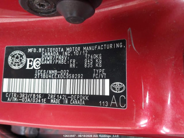 12633557 :رقم المزاد ، 2T1BU4EEXDC958292 vin ، 2013 Toyota Corolla Ce مزاد بيع