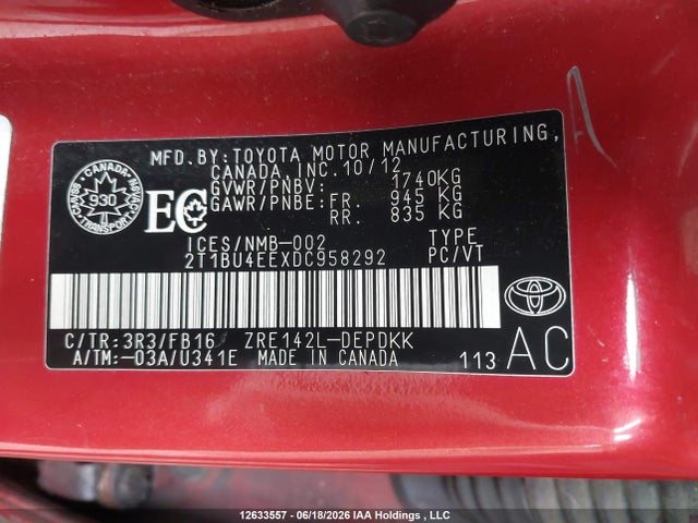 12633557 :رقم المزاد ، 2T1BU4EEXDC958292 vin ، 2013 Toyota Corolla Ce مزاد بيع