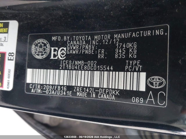 2013 Toyota Corolla მანქანა იყიდება აუქციონზე, vin: 2T1BU4EE8DC015544, აუქციონის ნომერი: 12633558