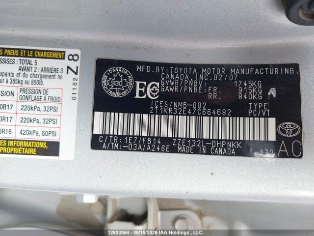 12633564 :رقم المزاد ، 2T1KR32E47C664682 vin ، 2007 Toyota Corolla Matrix Xr مزاد بيع