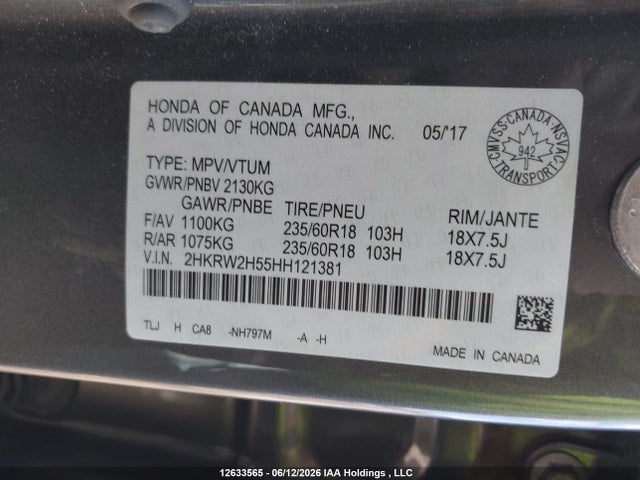 12633565 :رقم المزاد ، 2HKRW2H55HH121381 vin ، 2017 Honda Cr-v Ex مزاد بيع
