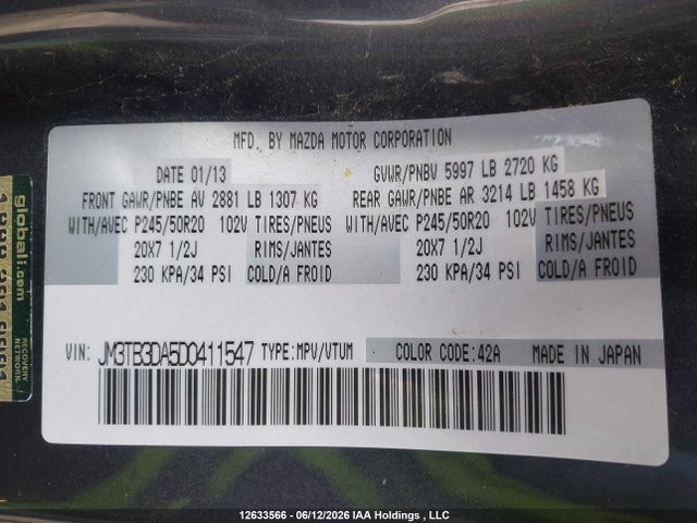 Aukcja sprzedaży 2013 Mazda Cx-9 Gt, vin: JM3TB3DA5D0411547, numer aukcji: 12633566