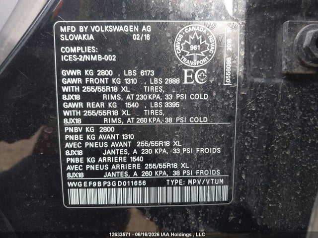 12633571 :رقم المزاد ، WVGEF9BP3GD011656 vin ، 2016 Volkswagen Touareg Sport/lux/executive مزاد بيع