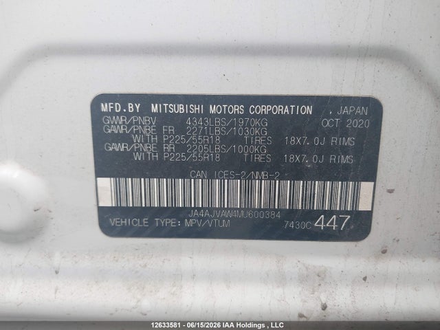2021 Mitsubishi Rvr Gt/le/se/sel მანქანა იყიდება აუქციონზე, vin: JA4AJVAW4MU600384, აუქციონის ნომერი: 12633581