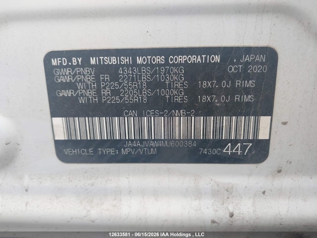 2021 Mitsubishi Rvr Gt/le/se/sel მანქანა იყიდება აუქციონზე, vin: JA4AJVAW4MU600384, აუქციონის ნომერი: 12633581