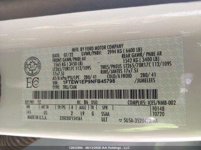 12633584 :رقم المزاد ، 1FTEW1EP9NFB45798 vin ، 2022 Ford F150 Supercrew مزاد بيع