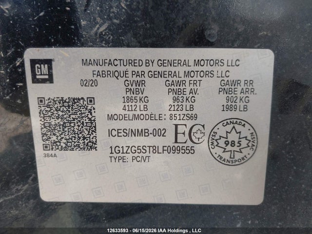 12633593 :رقم المزاد ، 1G1ZG5ST8LF099555 vin ، 2020 Chevrolet Malibu Rs مزاد بيع