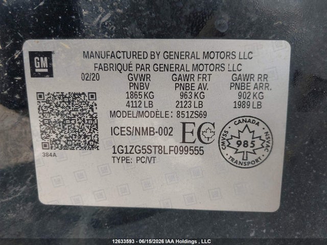 12633593 :رقم المزاد ، 1G1ZG5ST8LF099555 vin ، 2020 Chevrolet Malibu Rs مزاد بيع