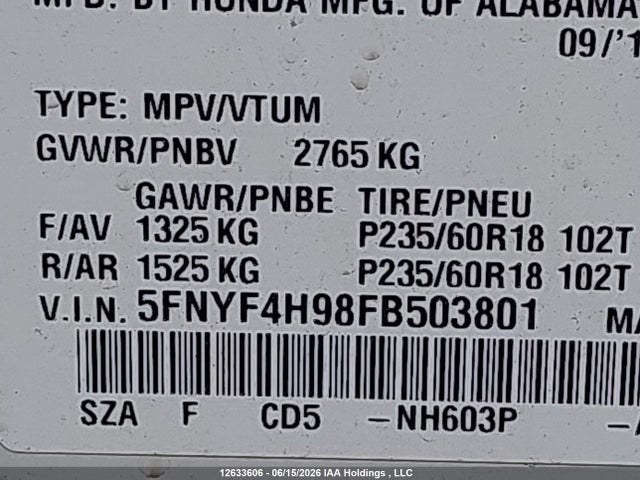 Honda Pilot Touring 2015 5FNYF4H98FB503801 Image 9