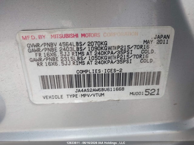 2011 Mitsubishi Outlander Es მანქანა იყიდება აუქციონზე, vin: JA4AS2AW6BU611668, აუქციონის ნომერი: 12633611
