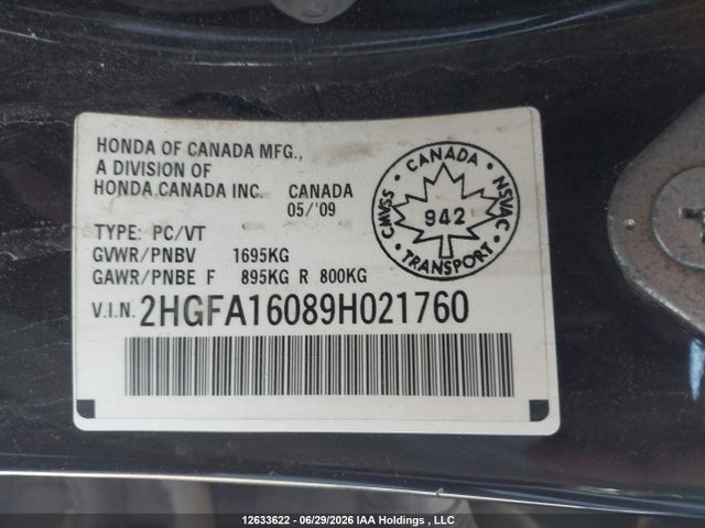 12633622 :رقم المزاد ، 2HGFA16089H021760 vin ، 2009 Honda Civic مزاد بيع