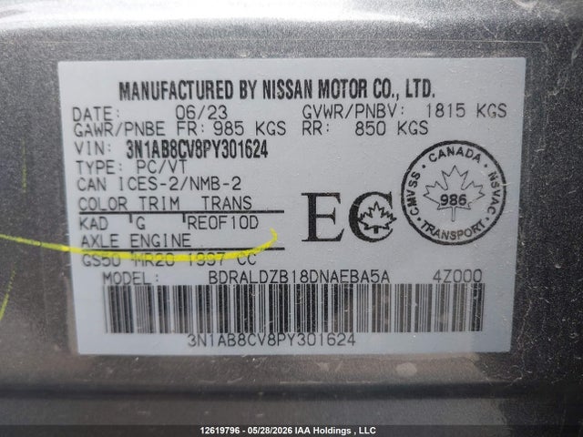 Продаж на аукціоні авто 2023 Nissan Sentra Sv, vin: 3N1AB8CV8PY301624, номер лоту: 12619796