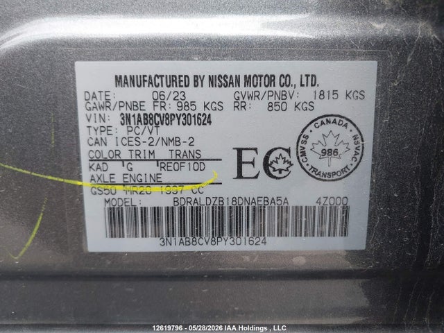 Продаж на аукціоні авто 2023 Nissan Sentra Sv, vin: 3N1AB8CV8PY301624, номер лоту: 12619796