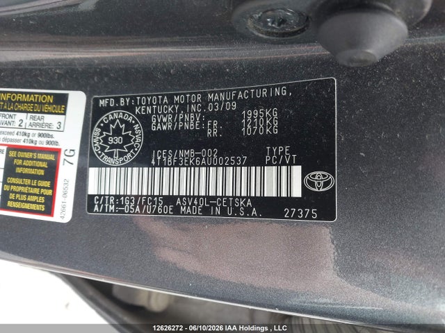 2010 Toyota Camry Se მანქანა იყიდება აუქციონზე, vin: 4T1BF3EK6AU002537, აუქციონის ნომერი: 12626272