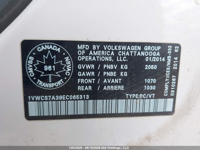 Aukcja sprzedaży 2014 Volkswagen Passat Sel, vin: 1VWCS7A39EC065313, numer aukcji: 12633629