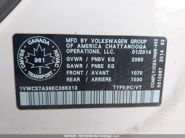 Aukcja sprzedaży 2014 Volkswagen Passat Sel, vin: 1VWCS7A39EC065313, numer aukcji: 12633629