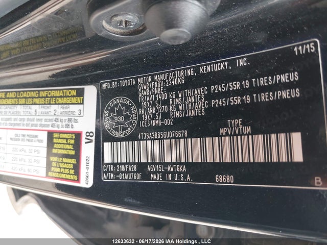 2016 Toyota Venza Base V6 მანქანა იყიდება აუქციონზე, vin: 4T3BA3BB5GU076678, აუქციონის ნომერი: 12633632